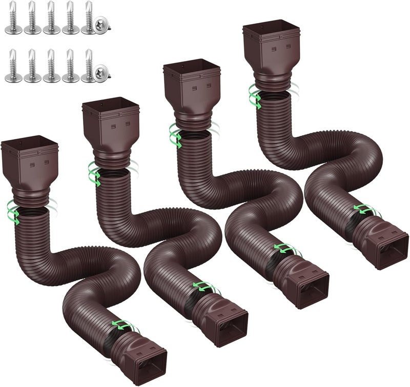 Ogutter Rain Gutter Downspout Extensions, Downspout Extender for Rainwater Drainage Flexible, Down Spout Drain Extension Pipe and Extendable from 21 to 66 Inches (4 Pack, Brown) - Image 1
